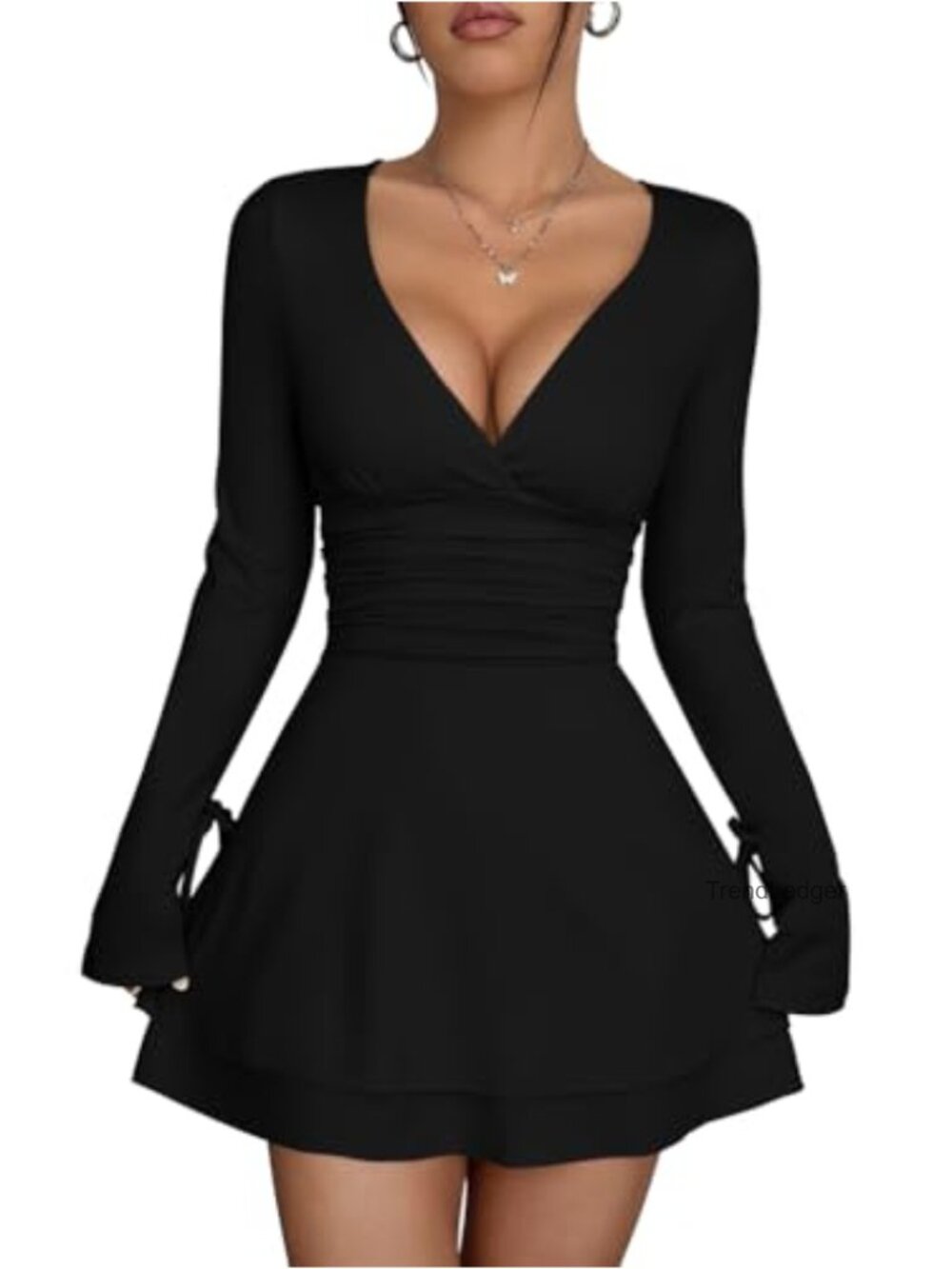 Sexy Wrap V Neck Long Sleeve Ruffle Hem Mini Club Dress